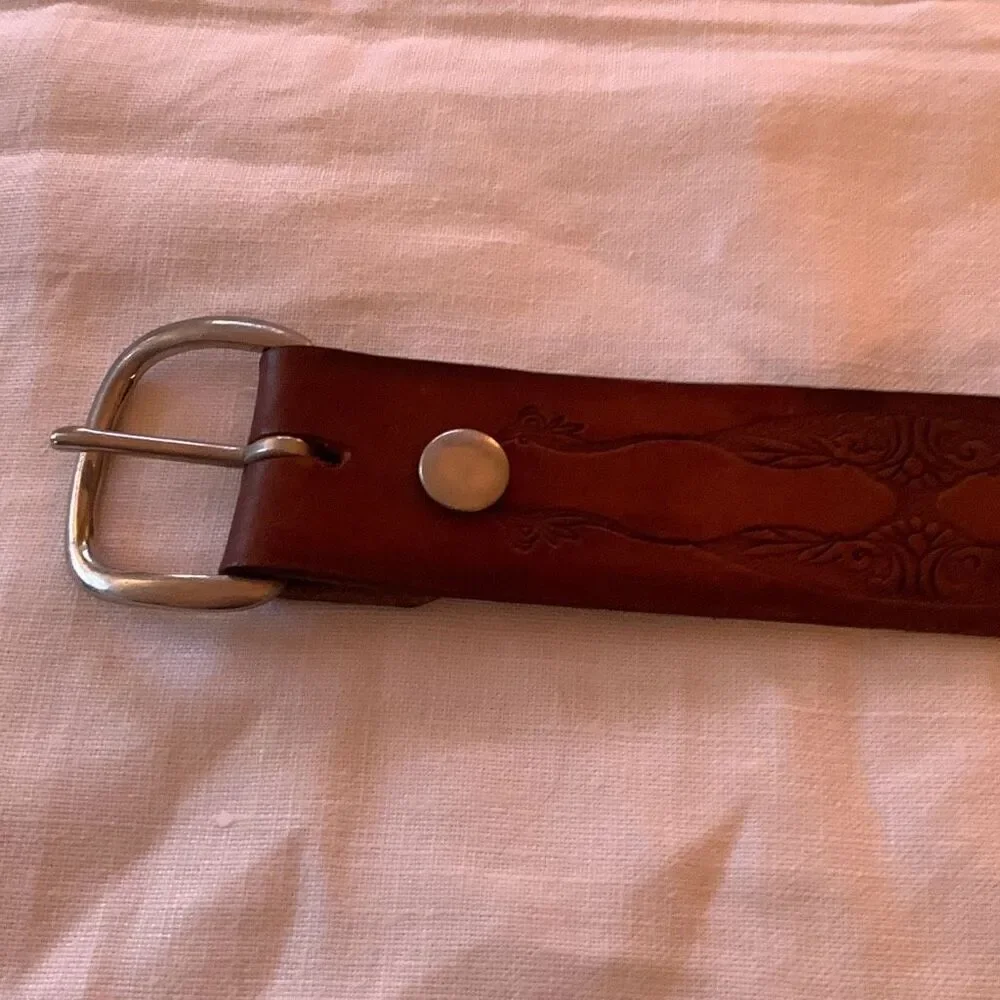 Vintage Hand Tooled Brown Leather Belt Size Large Full Grain Cowhide USA No Loop